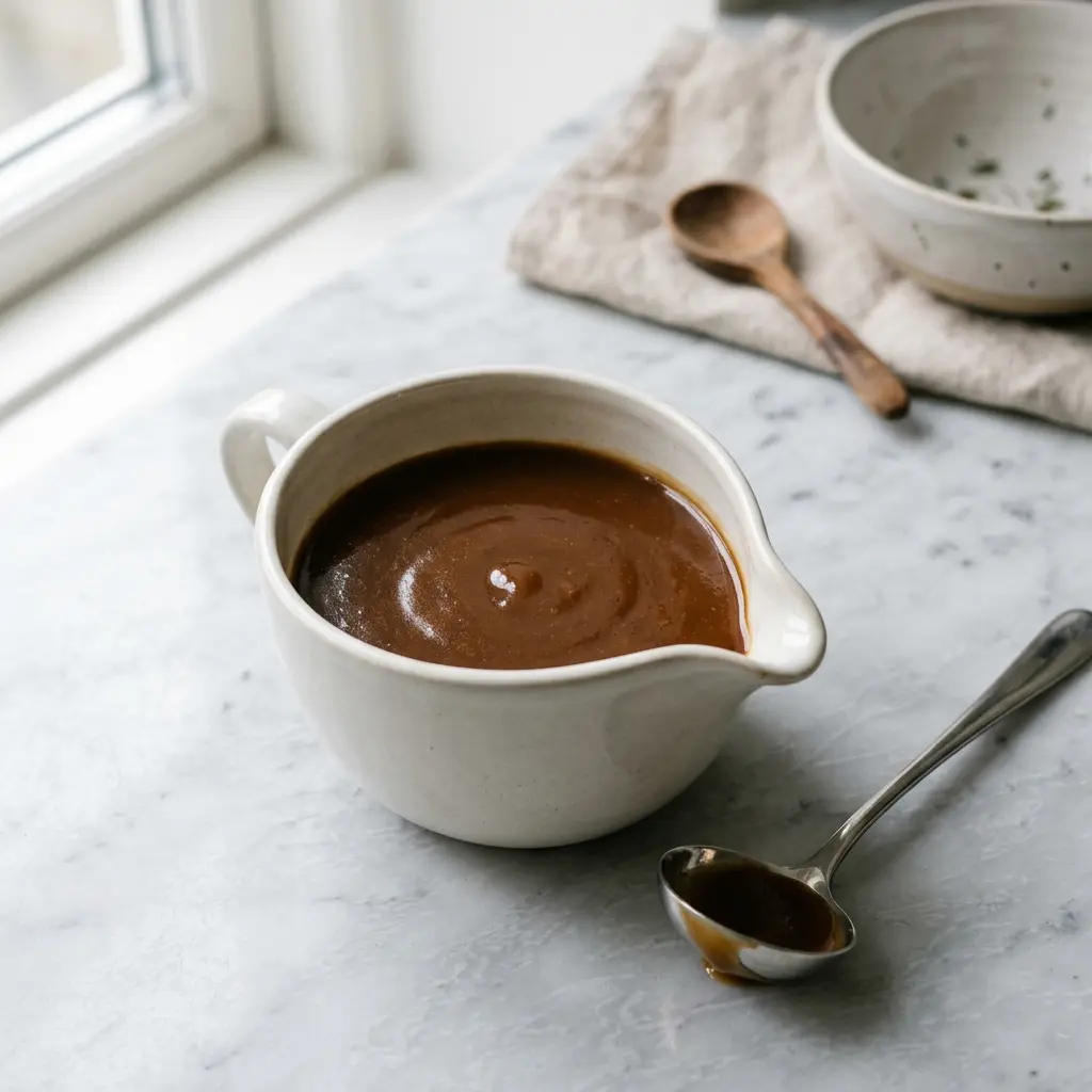 Sauce brune présenté dans un bol comme sauce ou accompagnement