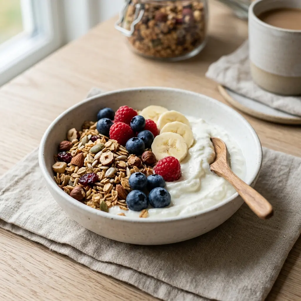 Skyr au granola servi comme petit-déjeuner simple