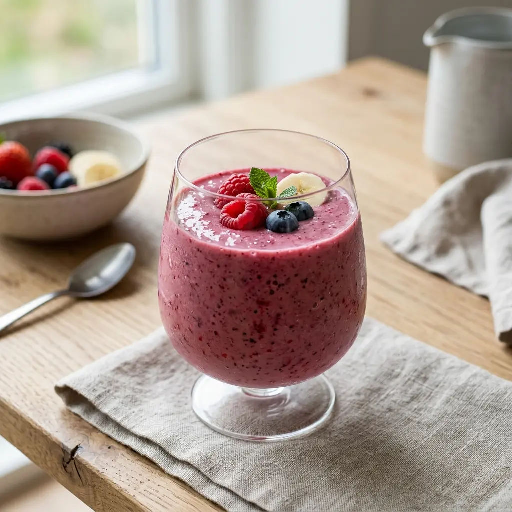 Smoothie aux fruits rouges et banane servi frais comme boisson maison