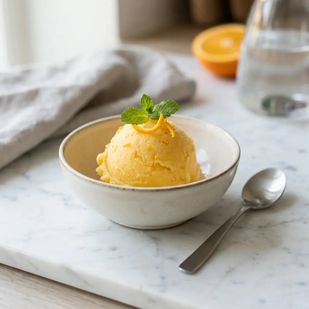 Sorbet à l’orange prêt à servir comme dessert ou pâtisserie maison