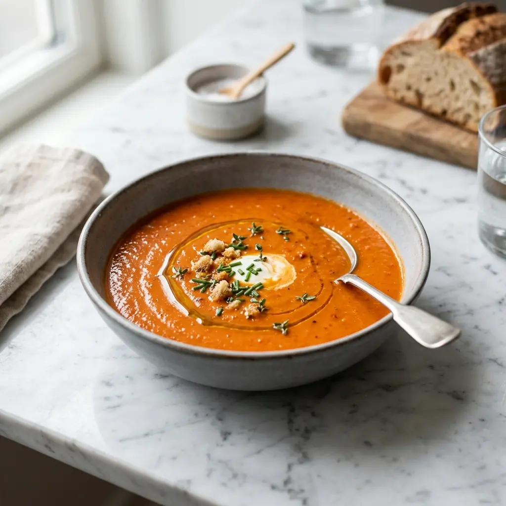 Soupe de poivrons servi chaud dans un bol