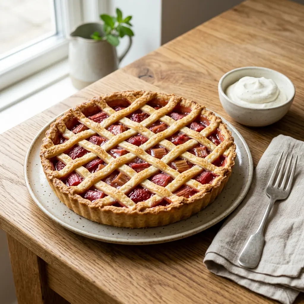 Tarte à la rhubarbe prêt à servir comme dessert ou pâtisserie maison