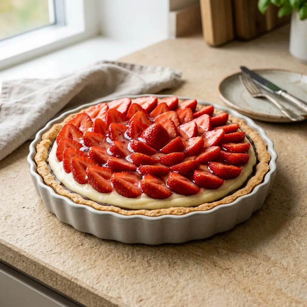 Tarte aux fraises prêt à servir comme dessert ou pâtisserie maison