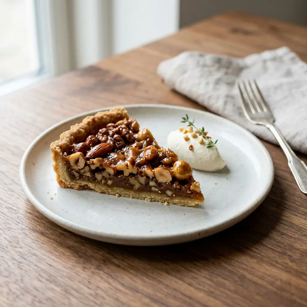 Tarte aux noix prêt à servir comme dessert ou pâtisserie maison