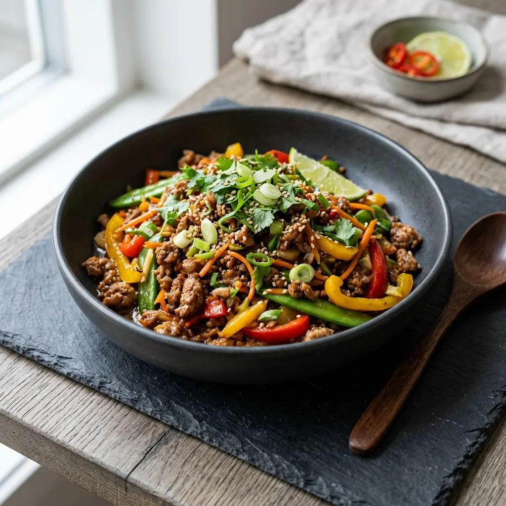 Wok de porc haché prêt à servir comme plat maison