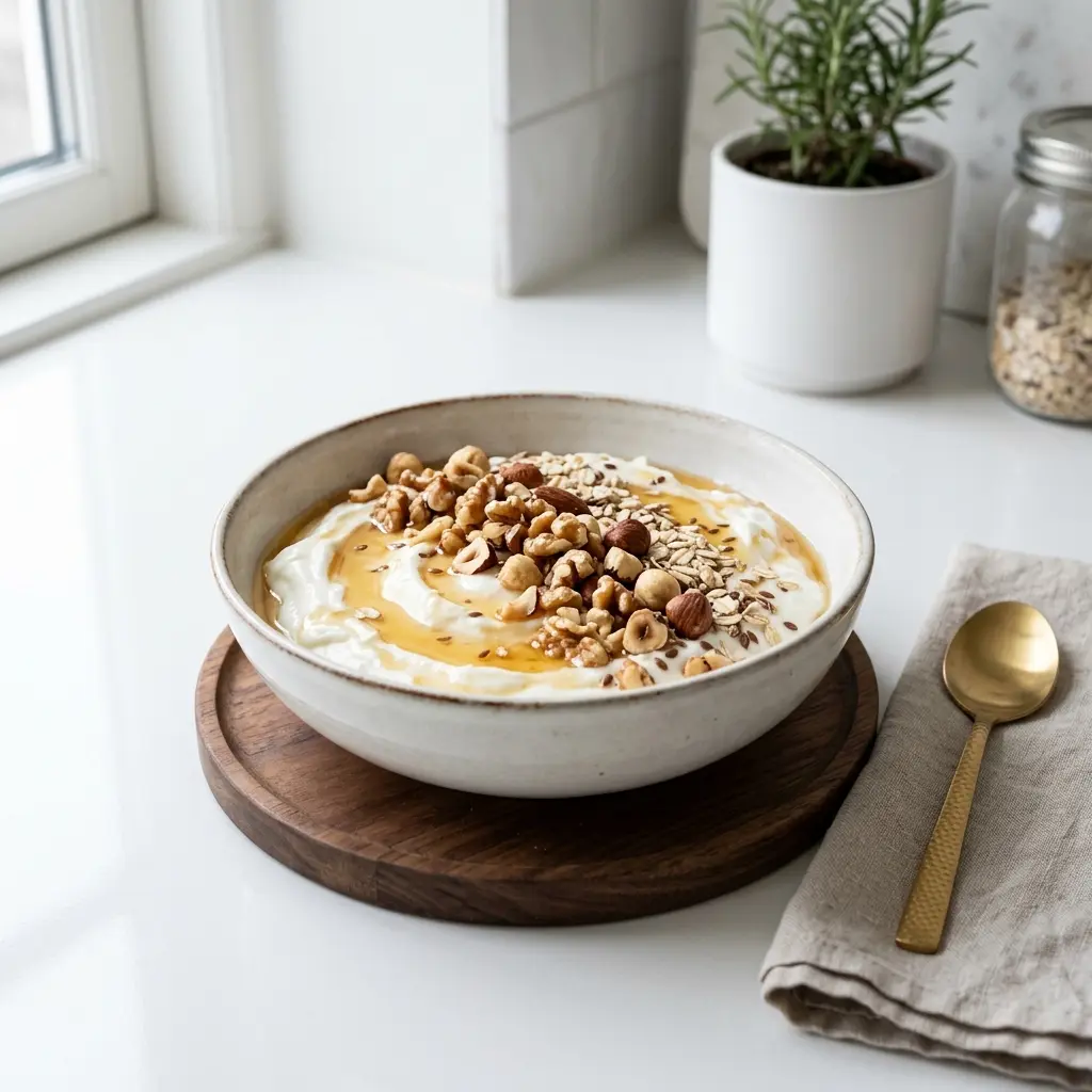 Yaourt au miel et aux noix servi comme petit-déjeuner simple