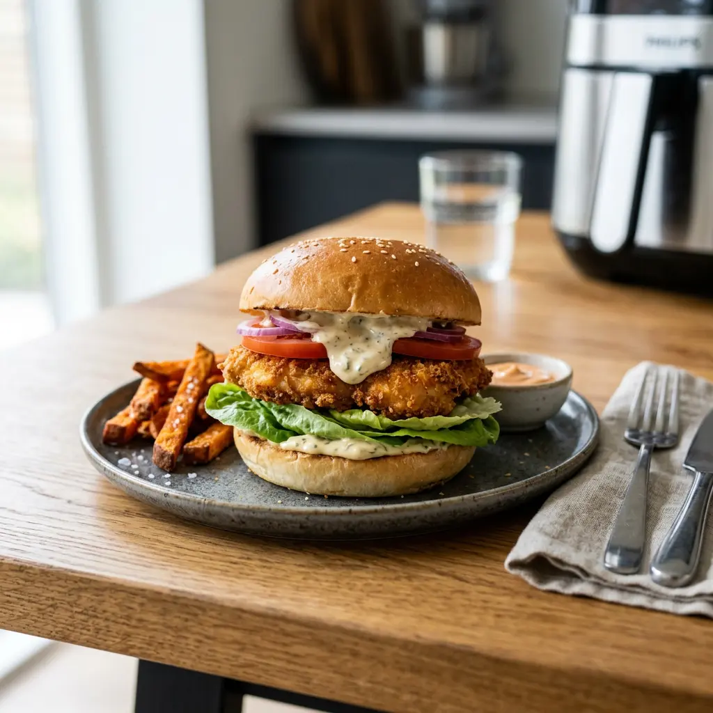 Photo de Burger de poulet à l'air fryer préparé à l'air fryer