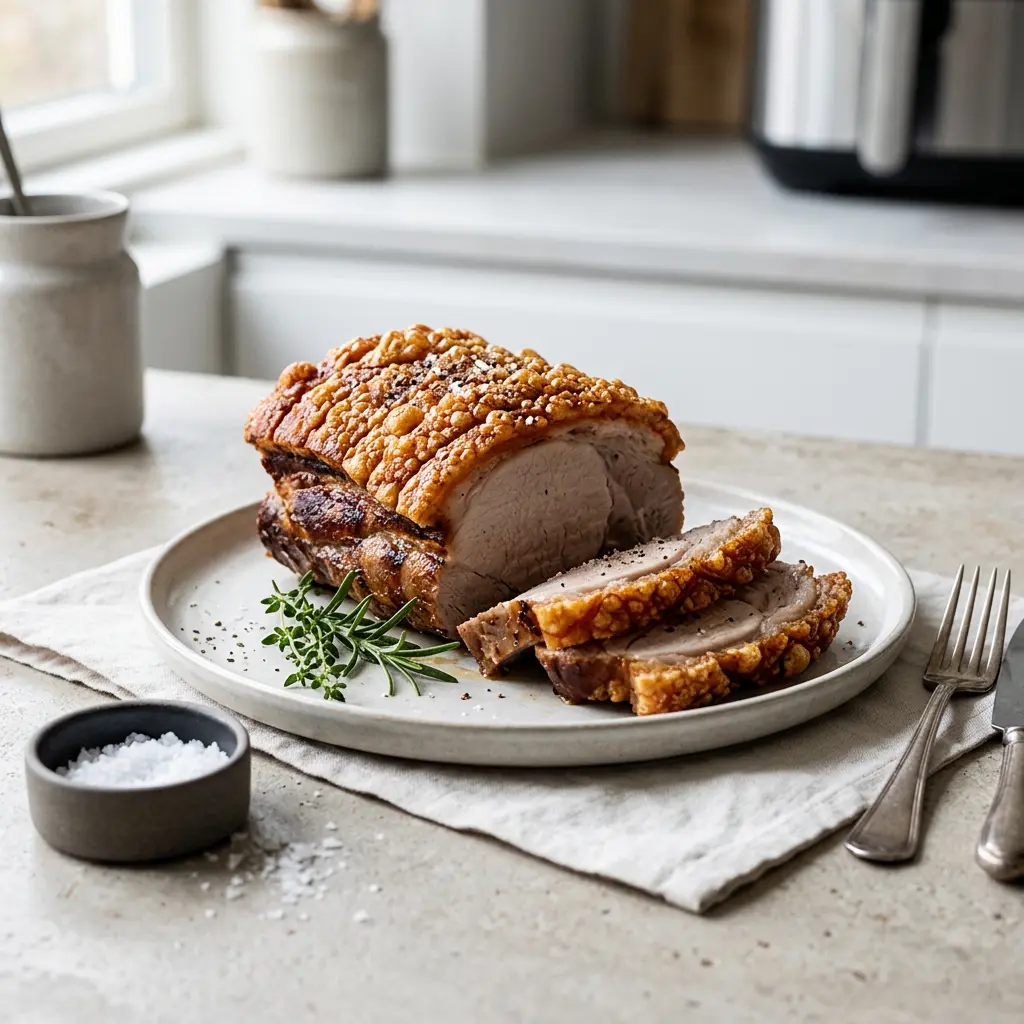 Photo de Rôti de porc avec couenne croustillante à l'air fryer préparé à l'air fryer
